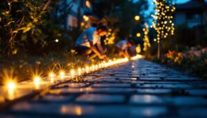 A photograph of a well-lit outdoor setting featuring a team of people installing or adjusting solar strip lights along a pathway or garden