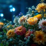A photograph of a beautifully illuminated flower arrangement in a dimly lit environment