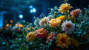 A photograph of a beautifully illuminated flower arrangement in a dimly lit environment