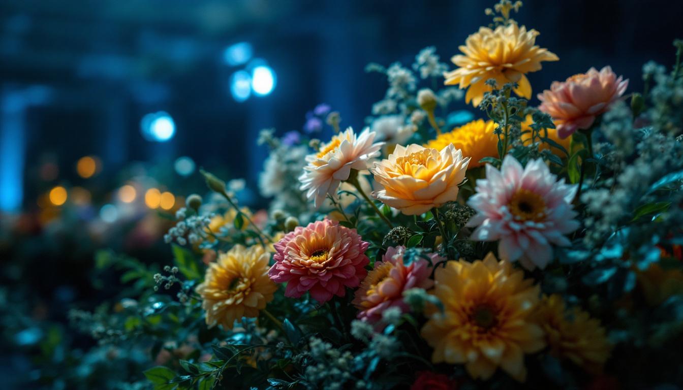 A photograph of a beautifully illuminated flower arrangement in a dimly lit environment