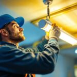 A photograph of a lighting contractor safely removing a fluorescent light fixture from a commercial ceiling