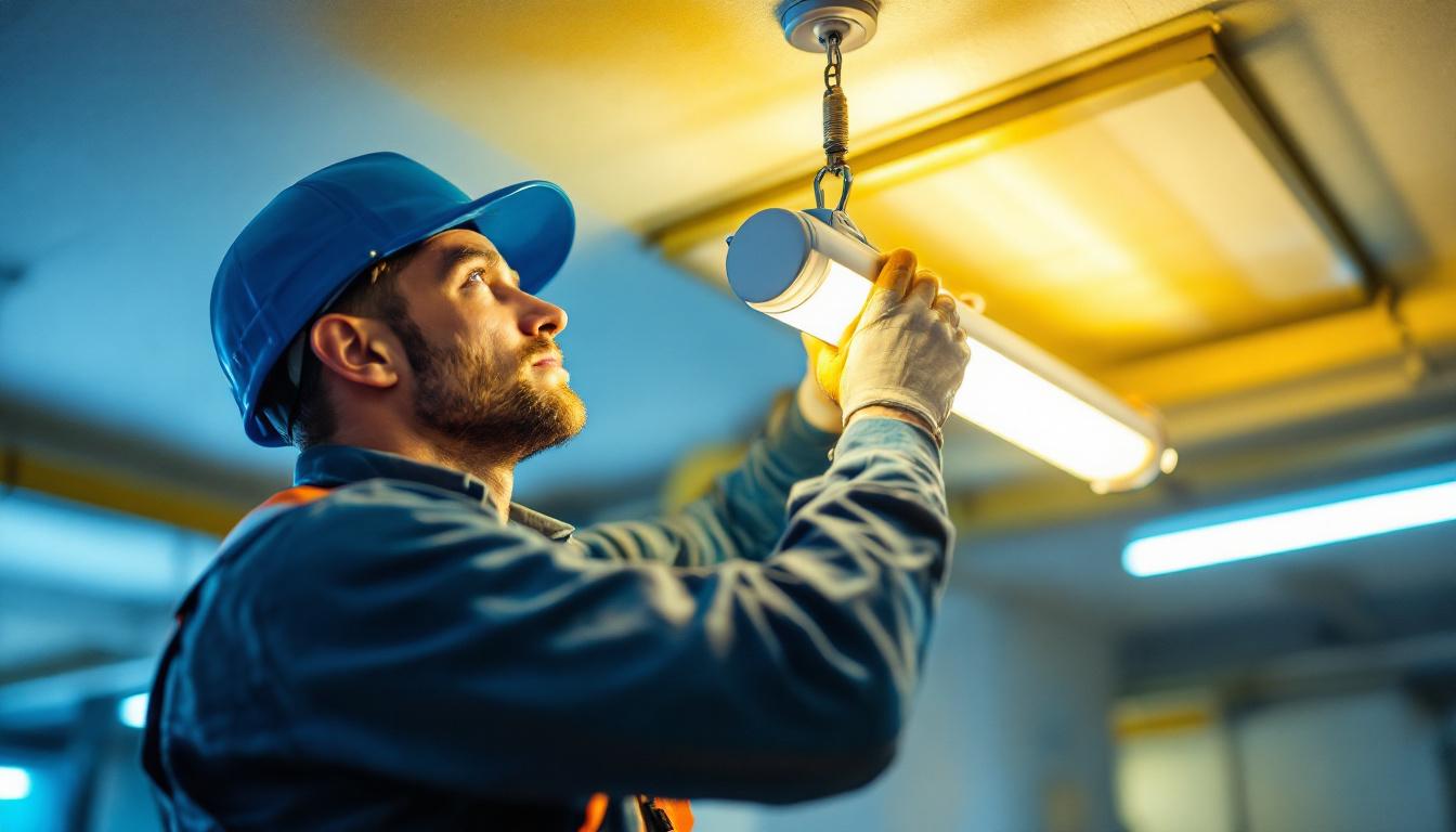 A photograph of a lighting contractor safely removing a fluorescent light fixture from a commercial ceiling
