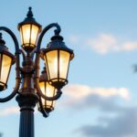 A photograph of a beautifully designed three-lamp light post in an outdoor setting