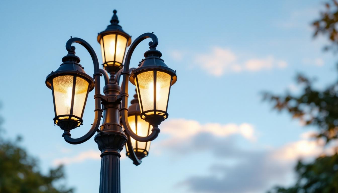 A photograph of a beautifully designed three-lamp light post in an outdoor setting