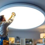 A photograph of a lighting contractor installing retrofit led can lights in a modern residential setting