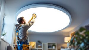 A photograph of a lighting contractor installing retrofit led can lights in a modern residential setting