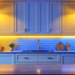A photograph of a beautifully designed kitchen cabinet illuminated by stylish