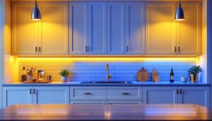 A photograph of a beautifully designed kitchen cabinet illuminated by stylish