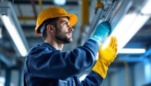 A photograph of a technician carefully changing a fluorescent light bulb in a commercial setting