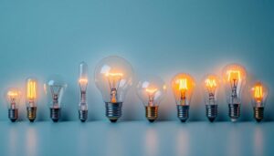 A photograph of a variety of small light bulbs arranged aesthetically on a clean