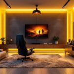 A photograph of a stylish game room featuring a variety of lighting solutions