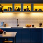 A photograph of a beautifully designed kitchen featuring stylish under cabinet task lighting