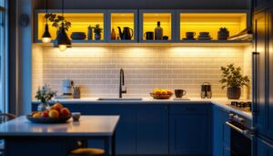 A photograph of a beautifully designed kitchen featuring stylish under cabinet task lighting