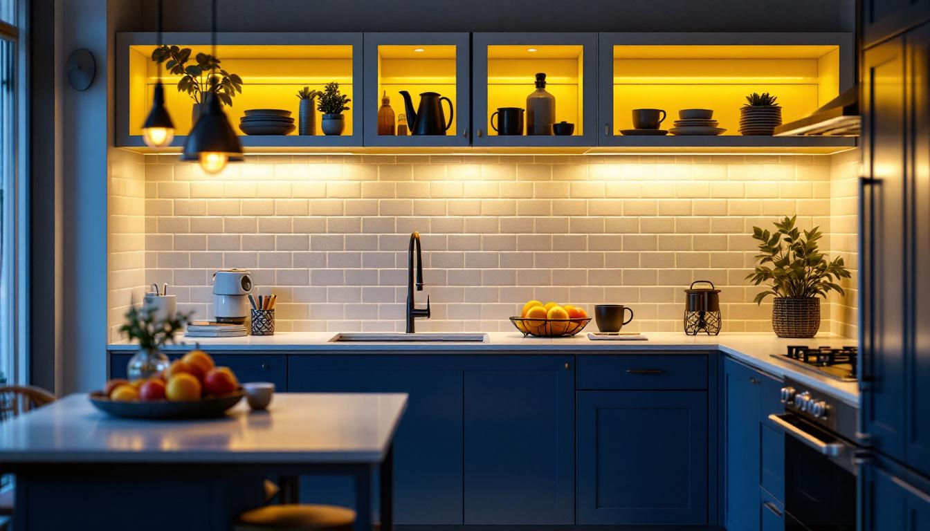 A photograph of a beautifully designed kitchen featuring stylish under cabinet task lighting