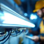A photograph of a close-up shot of a fluorescent lamp's ballast
