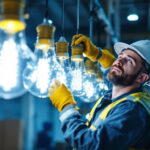 A photograph of a lighting contractor installing or inspecting eight-foot led bulbs in a commercial or industrial setting