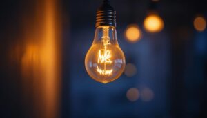 A photograph of a close-up of a flickering lightbulb in a cozy