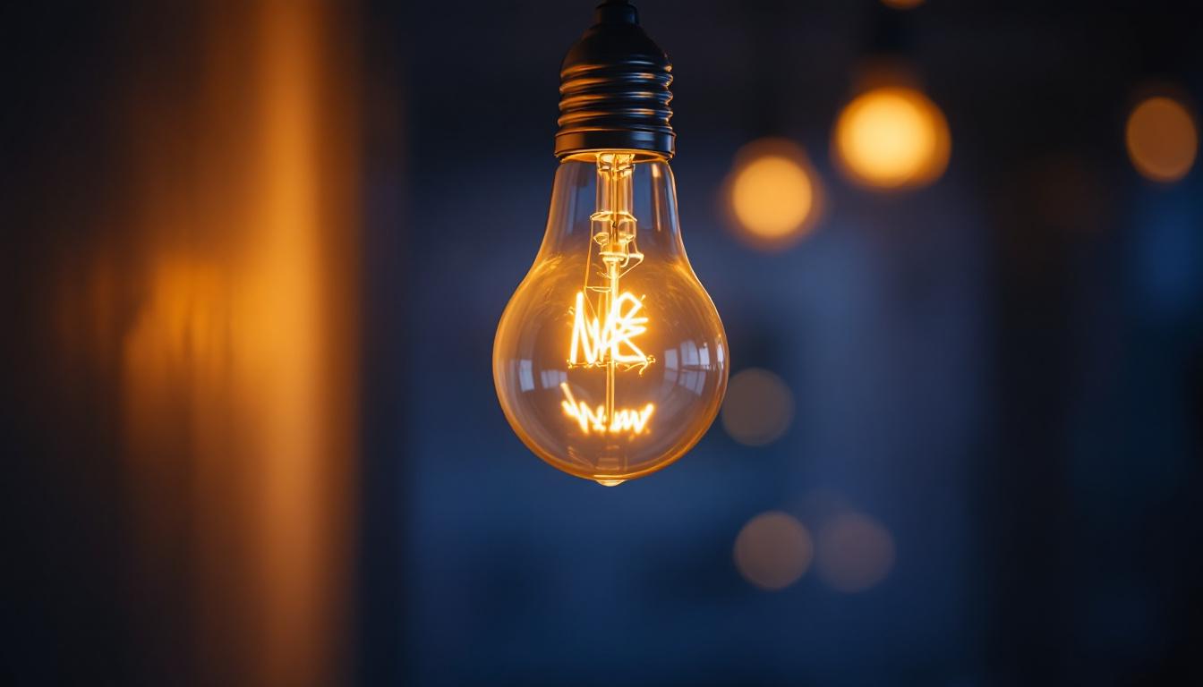 A photograph of a close-up of a flickering lightbulb in a cozy