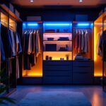 A photograph of a well-lit walk-in closet showcasing energy-efficient led lighting