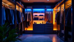 A photograph of a well-lit walk-in closet showcasing energy-efficient led lighting
