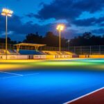 A photograph of a solar arena lighting setup at dusk