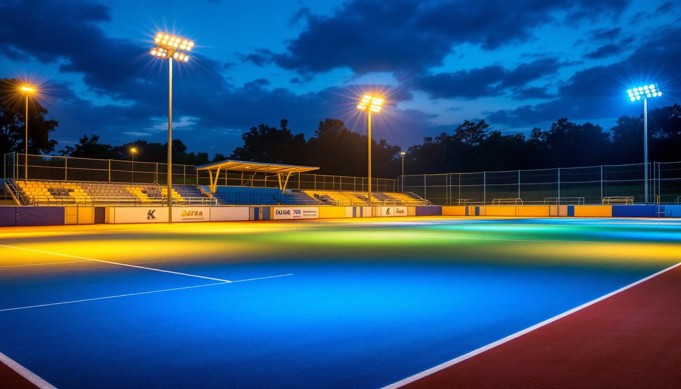 A photograph of a solar arena lighting setup at dusk