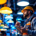 A photograph of a lighting contractor examining various commercial lighting fixtures in a well-lit showroom