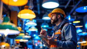 A photograph of a lighting contractor examining various commercial lighting fixtures in a well-lit showroom