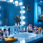 A photograph of a beautifully lit bathroom vanity setup featuring flattering