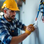 A photograph of a lighting contractor installing or inspecting a one-way switch in a residential setting