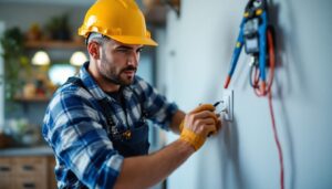 A photograph of a lighting contractor installing or inspecting a one-way switch in a residential setting