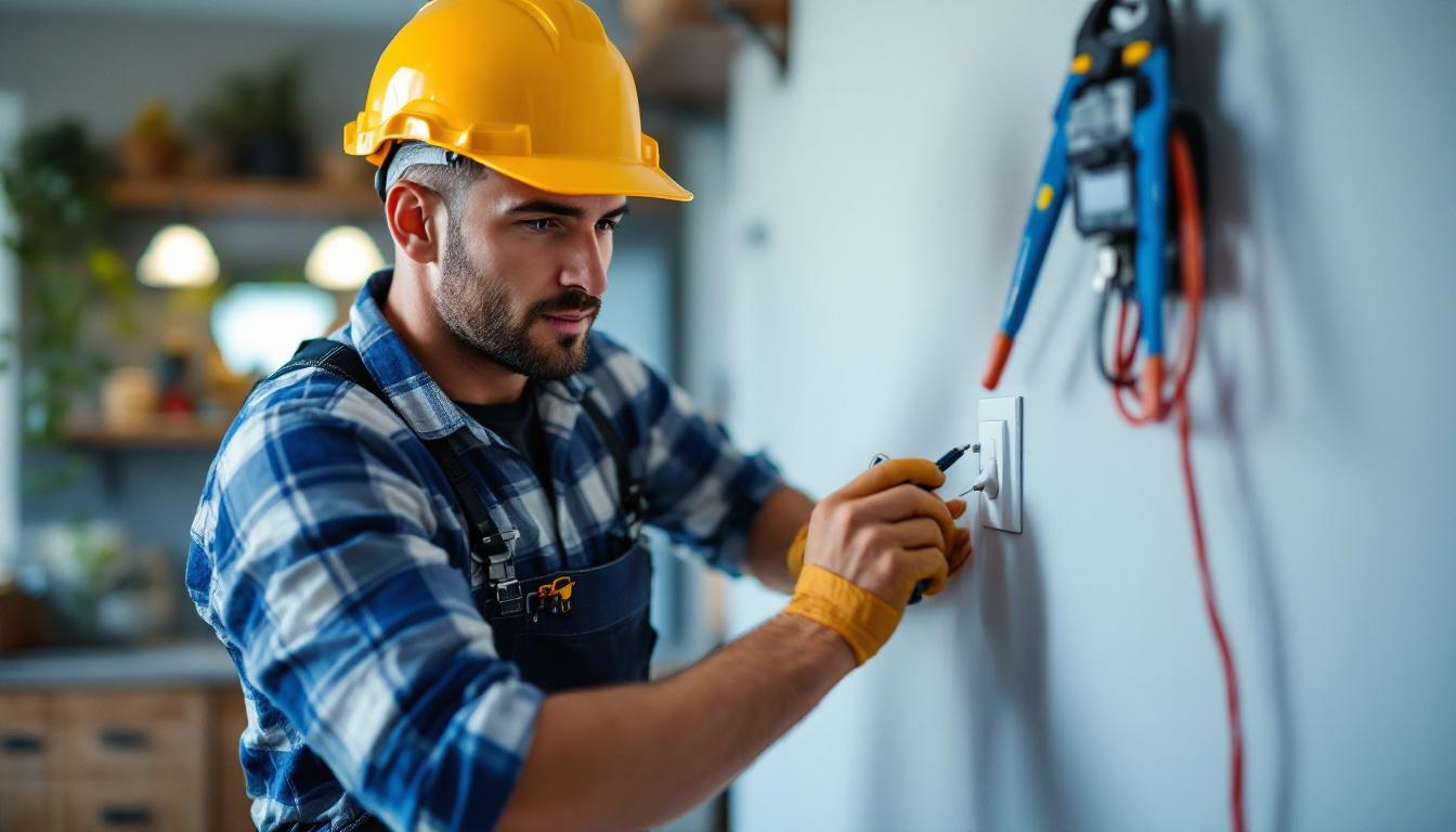 A photograph of a lighting contractor installing or inspecting a one-way switch in a residential setting
