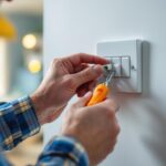 A photograph of a skilled lighting contractor carefully installing a three pole toggle switch in a residential setting