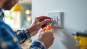 A photograph of a skilled lighting contractor carefully installing a three pole toggle switch in a residential setting