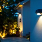 A photograph of a well-lit outdoor space featuring a variety of motion detector lights in action