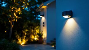 A photograph of a well-lit outdoor space featuring a variety of motion detector lights in action
