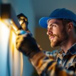 A photograph of a lighting contractor skillfully installing led lights in a residential or commercial setting