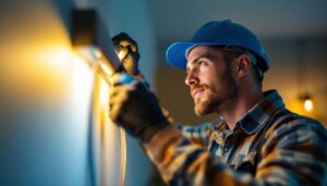 A photograph of a lighting contractor skillfully installing led lights in a residential or commercial setting