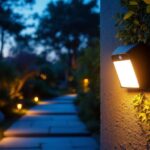 A photograph of a stylish outdoor motion sensor light installed in a scenic garden or pathway at dusk