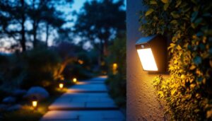 A photograph of a stylish outdoor motion sensor light installed in a scenic garden or pathway at dusk
