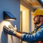 A photograph of a skilled lighting contractor installing a sleek wall mount solar light on an exterior wall
