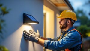 A photograph of a skilled lighting contractor installing a sleek wall mount solar light on an exterior wall
