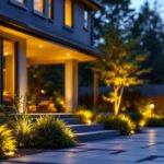 A photograph of a lighting contractor installing modern backyard flood lights in a beautifully landscaped outdoor space during twilight