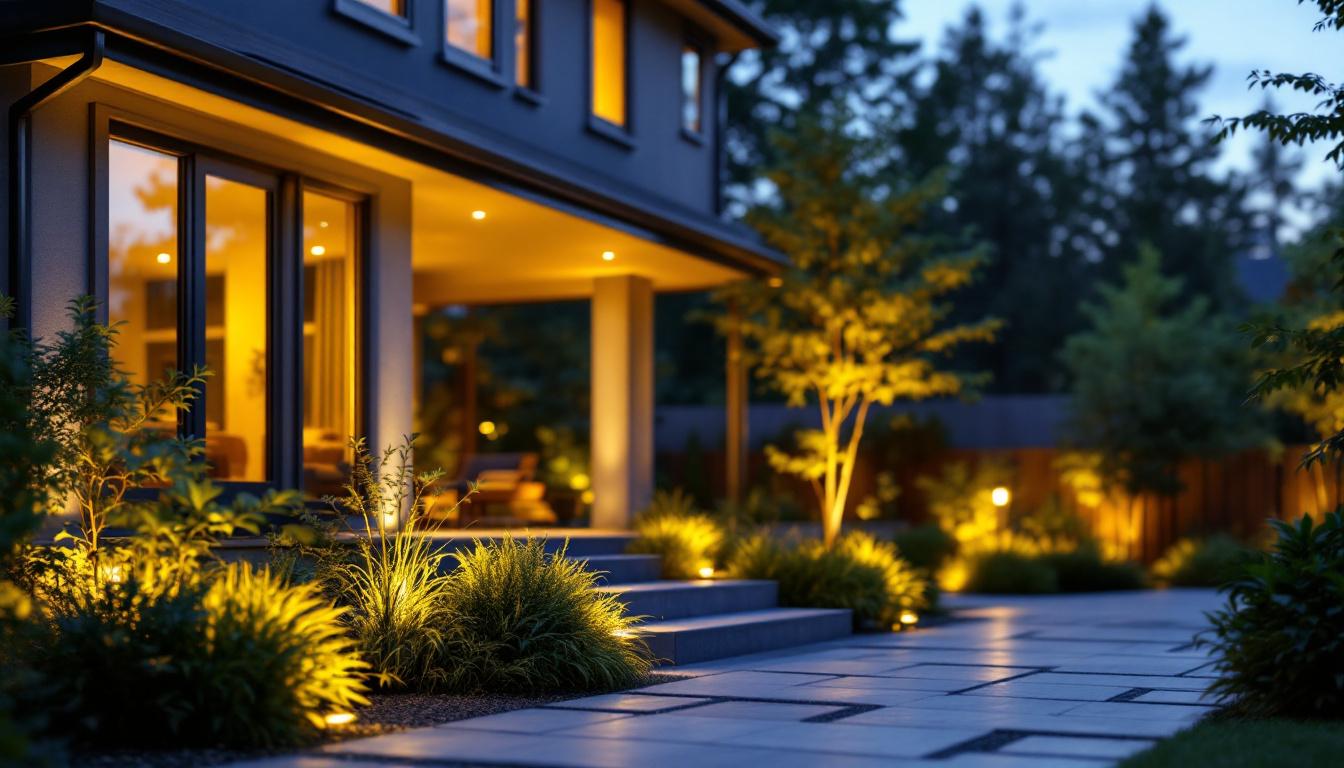 A photograph of a lighting contractor installing modern backyard flood lights in a beautifully landscaped outdoor space during twilight