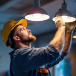 A photograph of a skilled lighting contractor expertly installing or adjusting high hats in a residential or commercial setting
