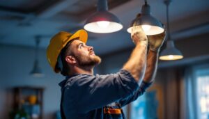 A photograph of a skilled lighting contractor expertly installing or adjusting high hats in a residential or commercial setting