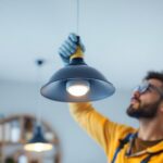 A photograph of a skilled lighting contractor installing or adjusting a stylish drop-down light in a modern interior space