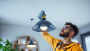 A photograph of a skilled lighting contractor installing or adjusting a stylish drop-down light in a modern interior space