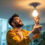 A photograph of a person confidently installing a fluorescent light bulb in a modern