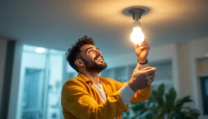 A photograph of a person confidently installing a fluorescent light bulb in a modern